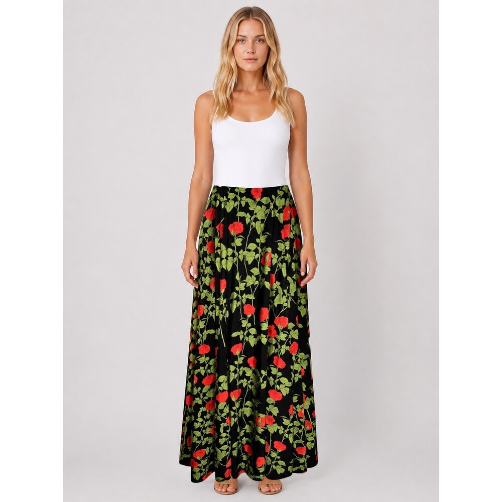 BERNADETTE Antwerp Kennedy Climbing Roses Floral Maxi Skirt Black Red Small 36